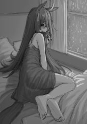 Rule 34 | 1girl, absurdres, animal ears, bags under eyes, barefoot, blush, dress, ear tag, earrings, hair between eyes, highres, horse ears, horse girl, horse tail, jewelry, lobsteranian, long hair, long hair between eyes, looking at viewer, manhattan cafe (umamusume), nail polish, on bed, pillow, red eyes, single earring, sleeveless, sleeveless dress, solo, spaghetti strap, tail, umamusume, very long hair, window
