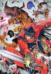 1boy armor asymmetrical_dual_wielding blue_armor blue_helmet breath_weapon breathing_fire cape character_request copyright_request crossover digimon digimon_(creature) dinosaur dual_wielding fire greymon helmet highres holding holding_shield holding_sword holding_weapon horns miura_satoru open_mouth red_cape red_eyes sharp_teeth shield slime_(creature) slime_(dragon_quest) sword teeth weapon