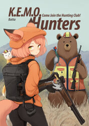 1girl animal animal_ears animal_on_shoulder backpack bag batta_(kanzume_quality) bear bird black_gloves black_pants body_fur bullet claws commentary_request english_text facing_viewer fox_ears fox_girl fox_tail gloves grass gun hat high-visibility_clothing high-visibility_vest holding holding_animal holding_bird holding_bullet holding_gun holding_weapon looking_at_viewer looking_back mountainous_horizon nature orange_hat orange_vest original outdoors paid_reward_available pants pheasant tail tall_grass title tree vest weapon yellow_eyes