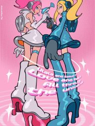 2girls adapted_costume alternate_costume blonde_hair blue_boots blue_dress blue_eyes boots cosplay crop_top cyber_fashion dress elbow_gloves energy_gun english_text eyeshadow from_below full_body game_console gloves gun half-closed_eyes hands_up headphones headset high_collar high_heel_boots high_heels highres holding holding_gun holding_weapon jetpack lipstick long_hair long_sleeves looking_at_viewer makeup metroid microphone midriff miniskirt multiple_girls nintendo pajaronaa pink_background pink_eyebrows pink_eyeshadow pink_hair pink_lips platform_boots platform_footwear ponytail profile ray_gun samus_aran sega_dreamcast short_dress skirt sleeveless smile solo space_channel_5 thigh_boots thigh_strap twintails ulala ulala_(cosplay) weapon white_boots white_gloves white_skirt
