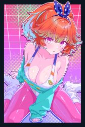 Rule 34 | 1980s fashion, 1girl, absurdres, blue hair, blue hairband, breasts, cleavage, finn flint, floral print leotard, gradient hair, green hair, hairband, highres, hololive, hololive english, large breasts, leggings, leotard, looking at viewer, multicolored hair, official alternate costume, official alternate hairstyle, orange hair, pink leggings, purple eyes, solo, star (symbol), star print, sweat, takanashi kiara, takanashi kiara (fever night), virtual youtuber, white leotard