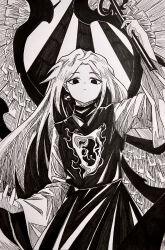 1girl absurdres angel angel_wings dress earrings empty_eyes feathered_wings highres holding holding_staff jewelry long_hair long_sleeves monochrome multiple_wings sariel_(touhou) seraph single_earring staff touhou touhou_(pc-98) traditional_media user_wvgr3777 very_long_hair wings