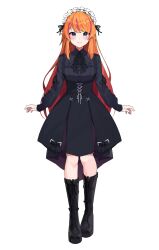 1girl black_boots black_bow black_bowtie black_shirt black_skirt blue_eyes blush boots bow bowtie cross-shaped_pupils eyeliner hair_over_shoulder high-low_skirt high-waist_skirt highres knee_boots long_hair long_sleeves maid_headdress makeup multicolored_hair orange_hair pink_hair platform_boots reject_(esports) rosec_pin seion shirt sidelocks simple_background skirt solo straight_hair streaked_hair swept_bangs symbol-shaped_pupils two-tone_hair virtual_youtuber wolf_cut