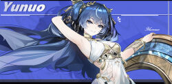 1girl absurdres ancient_greek_clothes arm_behind_head arm_up armpits blue_eyes blue_hair breasts character_name commentary fingernails fley-lan gold_bra greco-roman_clothes head_wreath highres iuno_(wuthering_waves) long_hair looking_at_viewer medium_breasts multicolored_hair parted_lips presenting_armpit smile solo streaked_hair upper_body wuthering_waves