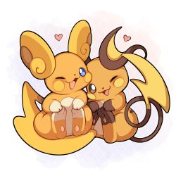 Rule 34 | absurdres, alolan form, alolan raichu, artist name, blue eyes, blush, brown eyes, commentary, english commentary, gen 1 pokemon, gen 7 pokemon, heart, highres, nintendo, one eye closed, open mouth, pokemon, pokemon (creature), raichu, sevi (seviyummy), simple background, sitting, smile, white background