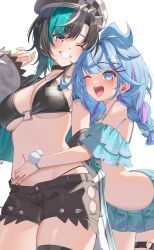 2girls ;d adapted_costume aqua_hair aqua_jacket beret bikini bikini_skirt bikini_under_shorts black_bikini black_choker black_hair black_hat black_shorts blue_bikini blue_eyes blue_hair blunt_bangs braid breasts choker cleavage colored_inner_hair commentary_request criss-cross_halter frilled_bikini frills grin hair_flaps hair_ornament hairclip halterneck hat heart heart_o-ring highres hololive hololive_dev_is hug hug_from_behind jacket large_breasts lightning_ahoge long_hair long_sleeves looking_at_viewer low_twin_braids low_twintails mizumiya_su multicolored_hair multiple_girls navel o-ring o-ring_thigh_strap o-ring_top off-shoulder_bikini off_shoulder one_eye_closed open_mouth parted_bangs pendora1022 pink_hair pom_pom_(clothes) purple_hair red_eyes rindo_chihaya short_shorts shorts simple_background smile streaked_hair swimsuit thigh_strap twin_braids twintails two-sided_fabric two-sided_jacket virtual_youtuber white_background white_hair white_jacket x_hair_ornament
