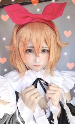 1girl aqua_eyes clenched_hands commentary_request cosplay_photo hair_between_eyes hairband highres jpeg_artifacts looking_at_viewer maid orange_hair petra_leyte photo_(medium) re:zero_kara_hajimeru_isekai_seikatsu short_hair solo xxxuxx_oxxo