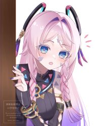 1girl black_leotard blue_eyes blush braid breasts citlali_(genshin_impact) commentary_request facial_mark fingernails floating_headgear forehead_mark genshin_impact headgear heattech_leotard highres kino_(curry_pan) leotard long_hair looking_at_viewer medium_breasts multicolored_hair nail_polish notice_lines open_mouth pink_hair purple_hair purple_nails solo triangle triangle_facial_mark turtleneck twin_braids very_long_hair