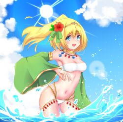 1girl alternate_color bikini blonde_hair blue_eyes blue_gemstone blue_sky blush breasts circlet cleavage cloud commentary_request cowboy_shot day detached_sleeves flower gem green_gemstone green_sleeves gypsy_(ragnarok_online) hair_flower hair_ornament hibiscus high_ponytail long_hair looking_at_viewer medium_breasts navel open_mouth outdoors ponytail ragnarok_online red_flower rozelia00 sky smile solo splashing sun swimsuit water white_bikini