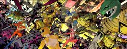 2girls battle bow_(weapon) city crossover dan_mora dino_buckler donatello_(tmnt) dragon_ranger dual_wielding fangs helmet holding katana leonardo_(tmnt) mammoth_ranger mask michelangelo_(tmnt) midair mighty_morphin_black_ranger mighty_morphin_blue_ranger mighty_morphin_green_ranger mighty_morphin_pink_ranger mighty_morphin_power_rangers mighty_morphin_red_ranger mighty_morphin_yellow_ranger multiple_boys multiple_girls ninja nunchaku official_art open_mouth power_rangers power_rangers_(boom!_studios) ptera_ranger raphael_(tmnt) sai_(weapon) skateboard smile staff sword teenage_mutant_ninja_turtles tiger_ranger tokusatsu tricera_ranger tyranno_ranger weapon