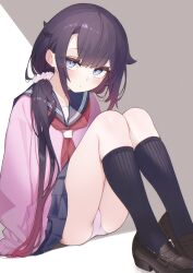 1girl absurdres ass blue_eyes blush cardigan expressionless highres loafers long_hair looking_at_viewer low_ponytail original panties pantyshot pink_cardigan ponytail purple_hair school_uniform serafuku setsuna_(miraichizu) shoes sitting skirt socks solo underwear very_long_hair white_panties zero_(miraichizu)