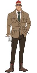 1boy bald bask_om beanie belted_jacket boots breast_pocket brown_jacket brown_pants cargo_pants collared_shirt full_body gloves goggles green_necktie gundam gundam_gquuuuuux hand_in_pocket hat highres jacket looking_at_viewer male_focus necktie official_art pants pocket safari_jacket shirt simple_background solo standing transparent_background welding_goggles white_gloves white_shirt