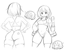 &gt;_&lt; 1girl ass ass_tattoo back breasts chibi chibi_inset clenched_hand flying_sweatdrops from_behind gloves greyscale hair_ornament hairclip hands_on_own_hips hirasawa_yui jacket k-on! looking_at_viewer mad_mex monochrome multiple_views navel open_clothes open_jacket open_mouth short_hair sketch skindentation small_breasts socks sports_bra tattoo thick_thighs thighs thong