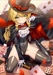 1girl ace_(playing_card) ace_of_clubs ascot black_cape black_hat black_jacket blonde_hair boots bow bowtie buttons cameltoe cape card center_frills chain club_(shape) cluseller eight_of_clubs five_of_spades flower frills gloves gold_chain green_eyes grey_boots grey_leotard hat hat_ribbon high_heel_boots high_heels highres jack_(playing_card) jack_of_diamonds jacket king_(playing_card) king_of_spades leotard long_hair long_sleeves open_clothes open_jacket original phantom_thief phantom_thief_(kkmomo67) playing_card red_bow red_bowtie red_cape red_flower red_ribbon red_rose ribbon rose shadow six_of_spades solo ten_of_hearts thigh_boots three_of_hearts top_hat two-sided_cape two-sided_fabric white_ascot white_gloves