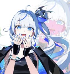 1girl ahoge aokumo_rin black_choker black_coat black_shirt blue_eyes blue_nails breasts chain choker cleavage coat coat_on_shoulders cuffs hair_rings handcuffs hands_up highres jewelry large_breasts long_hair looking_at_viewer multicolored_hair nail_polish open_mouth ring shirt side_ponytail simple_background sleeveless sleeveless_shirt smile solo stellive streaked_hair upper_body virtual_youtuber white_background white_hair zetto023 zoom_layer