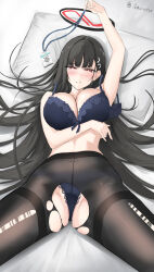1girl absurdres arm_up black_hair black_pantyhose blue_archive blue_bra blue_panties bra breasts cleavage grin halo highres large_breasts long_hair looking_at_viewer lying mainichi_ai_wo_aishite on_back panties panties_under_pantyhose pantyhose pillow red_eyes ringed_eyes rio_(blue_archive) smile solo spread_legs torn_clothes torn_pantyhose underwear very_long_hair