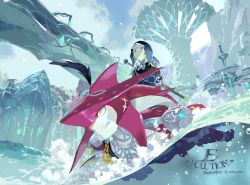2boys armor artist_name ascot blonde_hair blue_eyes blue_headwear dated e_volution fins fish fish_boy jewelry link male_focus multiple_boys nintendo partially_underwater_shot shark sharp_teeth shoulder_armor sidon smile swimming sword teeth the_legend_of_zelda the_legend_of_zelda:_breath_of_the_wild underwater water weapon weapon_on_back yellow_eyes zora