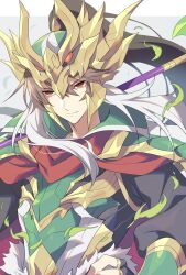 1boy absurdres armor black_shirt border cape character_request green_arm grey_background helmet highres holding holding_polearm holding_weapon kozakura_(dictionary) long_hair long_sleeves looking_at_viewer male_focus polearm ponytail puzzle_&amp;_dragons red_cape red_eyes shirt shoulder_armor simple_background smile solo upper_body weapon white_background white_hair