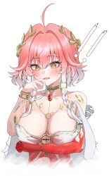 ! !! 1girl absurdres ahoge arm_under_breasts bare_shoulders blush body_markings braid breasts changli_(laurel_nymph)_(wuthering_waves) changli_(wuthering_waves) cleavage colored_extremities commentary_request cropped_torso hair_extensions hand_up head_wreath highres large_breasts multicolored_hair official_alternate_costume open_mouth pink_hair red_hands ring_hair_extensions rua_(rua0007113) simple_background solo sweatdrop tacet_mark_(wuthering_waves) twin_braids two-tone_hair wardrobe_malfunction white_background white_hair wuthering_waves yellow_eyes