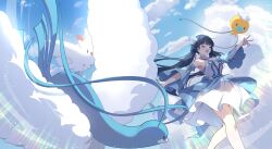 1girl altaria alternate_color armpits bare_legs blush breasts closed_eyes creatures_(company) crossover detached_sleeves dress drifloon feet_out_of_frame flying game_freak gen_3_pokemon gen_4_pokemon green_hair highres idolmaster idolmaster_million_live! idolmaster_million_live!_theater_days kitakami_reika long_hair medium_breasts nintendo nys outdoors pokemon pokemon_(creature) shiny_pokemon sky sleeveless sleeveless_dress smile solo togekiss twintails two-tone_dress very_long_hair