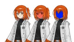 1girl a.i._voice adachi_rei angry arms_at_sides belt black_shirt breast_pocket closed_mouth faceless frown hair_between_eyes hair_ribbon highres jacket junlin_drake light_blush long_sleeves looking_at_viewer multiple_views open_clothes open_jacket orange_belt orange_eyes orange_hair pocket ribbon shirt side_ponytail simple_background transparent_background utau white_jacket white_ribbon zipper