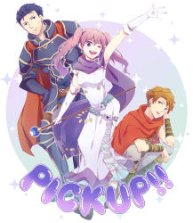 1girl 2boys armor blue_armor blue_eyes blue_hair brown_eyes brown_hair cape dress elbow_gloves english_text fire_emblem fire_emblem:_the_blazing_blade gloves hector_(fire_emblem) matthew_(fire_emblem) multiple_boys nintendo pink_hair purple_cape purple_eyes red_cape serra_(fire_emblem) staff sweatdrop taiga_kazame twintails white_dress white_gloves