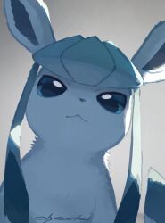 artist_name blue_fur blue_sclera closed_mouth colored_sclera commentary english_commentary gen_4_pokemon glaceon looking_at_viewer nintendo no_humans olyester photo-referenced pokemon pokemon_(creature) pokemon_focus signature solo