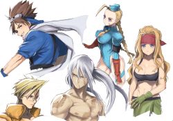 Rule 34 | ahoge, alex (street fighter), alfred (fatal fury), antenna hair, blonde hair, blue eyes, braid, breasts, brown eyes, brown hair, cammy white, capcom, character request, charlie nash, closed mouth, crossover, fatal fury, fighting ex layer, fingerless gloves, garrison cap, genderswap, genderswap (mtf), gloves, hat, highres, kairi (ex), leotard, long hair, looking at viewer, medium breasts, multiple boys, multiple girls, murata tefu, scar, simple background, snk, street fighter, street fighter ii (series), street fighter zero (series), thong leotard, transparent background, twin braids, white background