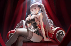 1girl absurdres arm_support azur_lane bare_shoulders black_choker black_dress black_thighhighs blush breasts choker cleavage commentary_request couch crossed_legs curtains dress formidable_(azur_lane) grey_hair hand_up highres indoors large_breasts light_particles long_hair looking_at_viewer on_couch open_mouth red_eyes sitting solo thighhighs thighs tsuru_ai_momono twintails very_long_hair