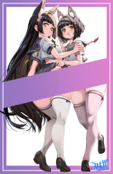 2girls alternate_costume animal_ear_fluff animal_ears azur_lane black_sailor_collar black_shoes black_skirt breasts closed_mouth clothes_lift commentary dated excessive_censorship extra_ears flower fox_ears fox_girl full_body hair_flower hair_ornament lifting_another&#039;s_clothes long_hair multiple_girls mutsu_(azur_lane) nagato_(azur_lane) open_mouth paid_reward_available pink_sailor_collar puffy_short_sleeves puffy_sleeves sailor_collar school_uniform serafuku shirt shoes short_hair short_sleeves signature simple_background skirt skirt_lift small_breasts thighhighs umyonge_(lkakeu) v very_long_hair white_background white_shirt white_thighhighs yellow_eyes