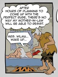 1boy 1girl age_difference ass bamm-bamm_rubble caveman cavewoman cheating_(relationship) dress english_text markkleanup mother-in-law_and_son-in-law red_hair sleeping speech_bubble the_flintstones thought_bubble white_dress white_hair wilma_flintstone