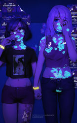 2girls aqua_teeth aurahack bite_mark blue_eyes choker colored_teeth commentary covering_face crop_top english_commentary fingers_to_mouth glasses highres holding_hands jewelry leg_tattoo lips lipstick_mark lipstick_mark_on_arm lipstick_mark_on_breast lipstick_mark_on_face lipstick_mark_on_neck lipstick_mark_on_shoulder lipstick_mark_on_stomach midriff multiple_girls nail_polish navel nightclub original pants patreon_username pink_hair poster_(object) purple_hair red_eyes ring shirt short_hair shorts t-shirt tattoo ultraviolet_light wristband yuri
