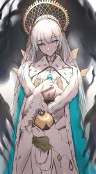 1girl absurdres anastasia_(fate) blue_cloak blue_eyes breasts cloak doll dress fate/grand_order fate_(series) hair_over_one_eye hairband highres holding holding_doll jewelry large_breasts long_hair looking_at_viewer neck_ring necklace pendant shiroshisu smile solo very_long_hair viy_(fate) white_dress white_hair