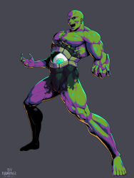 Rule 34 | 1boy, 2022, artist name, bald, black sclera, colored sclera, colored skin, commentary, dated, english commentary, green eyes, grey background, muscular, muscular male, open mouth, rampage (leedash2), seth (street fighter), simple background, solo, street fighter, street fighter iv (series), yin yang