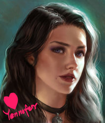 1girl absurdres black_hair choker eyebrows highres jess_(jess4400) lips lipstick long_hair looking_at_viewer makeup nose portrait purple_eyes realistic solo_focus the_witcher_(series) the_witcher_3 wavy_hair yennefer
