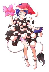 Rule 34 | 1girl, alphes (style), apron, bare arms, blue hair, book, commentary request, dairi, defeat, doremy sweet, dream soul, dress, full body, hat, holding, large variant set, legs apart, long tail, nightcap, parody, pom pom (clothes), red hat, short hair, short sleeves, socks, solo, standing, style parody, tachi-e, tail, tapir tail, torn clothes, touhou, transparent background, variant set, waist apron, white apron, white socks