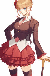 1girl aluce beatrice_(umineko) black_jacket blonde_hair blue_eyes blunt_bangs braid breasts chinese_commentary collared_shirt commentary commentary_request cowboy_shot flower french_braid frilled_skirt frilled_sleeves frills hand_on_cane hand_on_own_hip highres jacket lapels large_breasts long_sleeves looking_at_viewer necktie notched_lapels open_clothes open_jacket pink_necktie red_flower red_skirt shirt sidelocks skirt solo striped_clothes striped_thighhighs thighhighs umineko_no_naku_koro_ni untucked_shirt updo vest white_background white_shirt zettai_ryouiki
