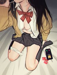 Rule 34 | 1boy, 1girl, absurdres, black hair, bra, breasts, cheating (relationship), cleavage, cum, cum in mouth, drizzle 13, ejaculation, fellatio, hetero, highres, huge filesize, implied fellatio, long hair, medium breasts, netorare, oral, original, out-of-frame censoring, penis, phone, phone call, school uniform, translated, underwear