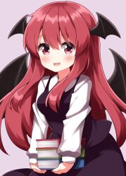 1girl :d black_skirt black_vest blush book book_stack collared_shirt commentary_request demon_wings head_wings highres holding holding_book koakuma long_hair long_sleeves looking_at_viewer open_mouth pink_background red_eyes red_hair ruu_(tksymkw) shirt simple_background skirt skirt_set smile solo touhou upper_body vest white_shirt wings