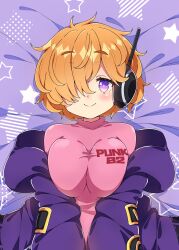 1girl absurdres blush bodysuit breasts closed_mouth commentary_request hair_over_one_eye highres jacket large_breasts looking_at_viewer lying milkpanda on_back one_piece open_clothes open_jacket orange_hair pink_bodysuit purple_eyes purple_jacket short_hair smile solo star_(symbol) thick_eyebrows upper_body vegapunk_lilith