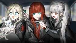 3girls absurdres aqua_eyes blonde_hair brown_hair car_interior cat fang gawako grey_hair highres long_hair multiple_girls original pointy_ears red_eyes sitting teeth twintails upper_body upper_teeth_only white_cat