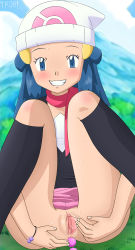 anal_beads beanie blue_eyes blue_hair blush dawn_(pokemon) half-spread_pussy hat highres hugging_own_legs loli nintendo no_panties pokemon pussy sex_toy skirt solo spread_pussy spreading_own_pussy sweat thighhighs tkor uncensored