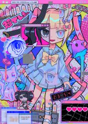 1girl ame-chan_(needy_girl_overdose) black_eyes black_hair black_ribbon black_skirt blonde_hair blue_eyes blue_hair blue_serafuku blue_shirt blue_shoes blue_skirt blush bow cat chibi chouzetsusaikawa_tenshi-chan clock commentary_request cursor dual_persona glitch hair_bow hair_ornament heart heart_hair_ornament highres long_hair long_sleeves looking_at_viewer multicolored_hair needy_girl_overdose nixie_tube official_art open_mouth pien_cat_(needy_girl_overdose) pill pink_bow pink_hair pleated_skirt purple_bow purple_hair quad_tails red_shirt ribbon sailor_collar school_uniform serafuku shirt shoes skirt smile star_(symbol) terada_tera twintails very_long_hair window_(computing) yellow_bow