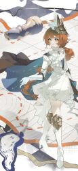 1girl :o ascot blue_cape boots cape chess_piece clock cropped crossed_legs dress full_body gloves green_eyes hair_ornament highres hiruno_baizhou knee_boots long_braid long_hair looking_at_viewer map_(object) official_alternate_costume orange_hair pawn_(chess) poleyn reverse:1999 short_dress solo sonetto_(reverse:1999) standing very_long_hair white_ascot white_boots white_dress white_gloves wing_hair_ornament
