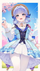 1girl ayaka_(genshin_impact) blue_butterfly blue_dress blue_eyes blue_hair blue_sky blunt_bangs blunt_tresses blurry blurry_background blush border braid brown_hat bug butterfly butterfly_hair_ornament cherry_blossoms cloud collar dress ewaaawa flower genshin_impact hair_flower hair_ornament hat hat_flower hat_ornament highres insect kamisato_ayaka kamisato_ayaka_(springbloom_missive) leaf_hat_ornament long_sleeves looking_up mole mole_under_eye multicolored_dress neck_tassel official_alternate_costume official_alternate_hairstyle open_mouth outdoors pantyhose petals sky smile solo standing thigh_gap white_border white_collar white_pantyhose