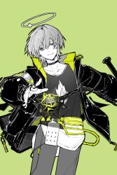 1boy arene_(arknights) arknights chain chinese_commentary choker collarbone commentary_request cowboy_shot green_background green_eyes hair_between_eyes halo highres jacket male_focus official_alternate_costume open_clothes open_jacket pants partial_commentary partially_colored piaoliu_ping_ping_ping_pingzi shirt short_hair simple_background smile solo standing t-shirt traditional_halo