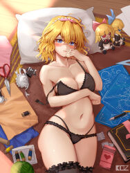 1girl absurdres alice_margatroid apron arched_back arm_across_chest arm_under_breasts black_bra black_panties black_thighhighs blonde_hair blue_eyes blueprint_(object) blush bra bra_slip bra_strap breasts carpet cleavage clenched_hand commentary condom condom_box condom_wrapper edz_drawz english_commentary fabric floor frilled_headband frilled_panties frilled_thighhighs frills fumo_(doll) grimoire_of_alice hand_on_own_cheek hand_on_own_face headband highleg highleg_panties highres lace lace-trimmed_bra lace_trim lingerie looking_at_viewer lying navel on_back open_mouth panties paper pen pencil pillow pink_headband protractor scissors signature solo spool thighhighs touhou underwear undone_bra yarn yarn_ball