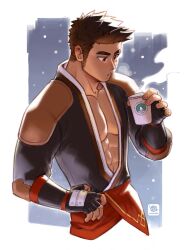 Rule 34 | 1boy, abs, absurdres, artist name, bara, blowing, brown hair, coffee, highres, large pectorals, manly, mature male, mondoart, muscular, muscular male, non-web source, original, pectorals, raeyr (mondo), short hair, solo, spiked hair, thick eyebrows
