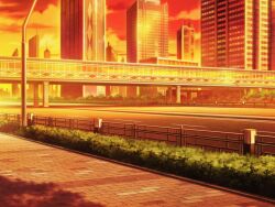 artist_request bridge building bush cloud game_cg lamppost magia_record:_mahou_shoujo_madoka_magica_gaiden mahou_shoujo_madoka_magica no_humans official_art orange_sky outdoors road scenery shade sidewalk sky skyscraper street sunset