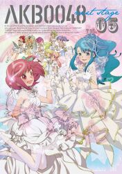6+girls :d ;) aida_orine akb0048 blonde_hair blue_hair boots bow clenched_hands copyright_name cover dress dvd_cover ebata_risa everyone flower gloves green_bow green_eyes hair_bow hair_flower hair_ornament hairband highres ichijou_yuuka jumping kanzaki_suzuko kishida_mimori long_hair looking_at_viewer motomiya_nagisa multiple_girls official_art one_eye_closed one_side_up open_mouth pantyhose pink_hair purple_flower purple_hair red_eyes red_hair shinonome_kanata shinonome_sonata shoes short_hair short_sleeves sidelocks sleeveless sleeveless_dress smile sono_chieri white_boots white_dress white_gloves white_pantyhose white_shoes yellow_hairband yokomizo_makoto